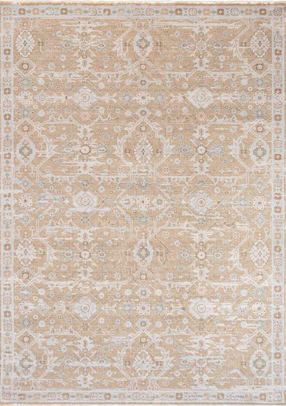 AISHA-5803 handcrafted wool rug in camel, ivory, pale blue, blush with neutral oushak styling
