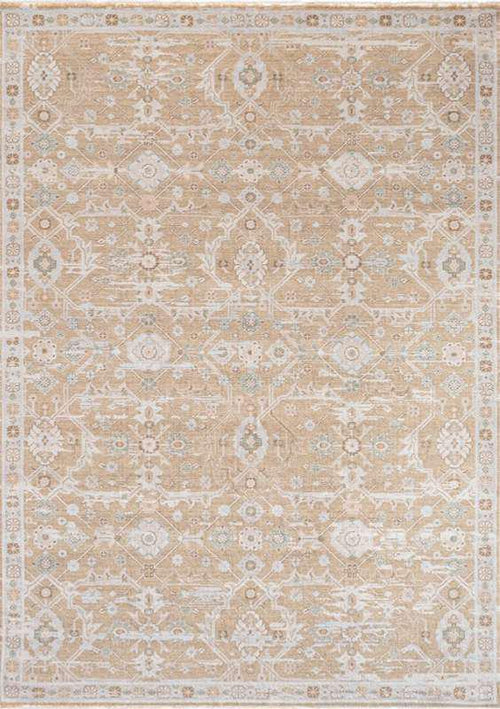 AISHA-5803 handcrafted wool rug in camel, ivory, pale blue, blush with neutral oushak styling