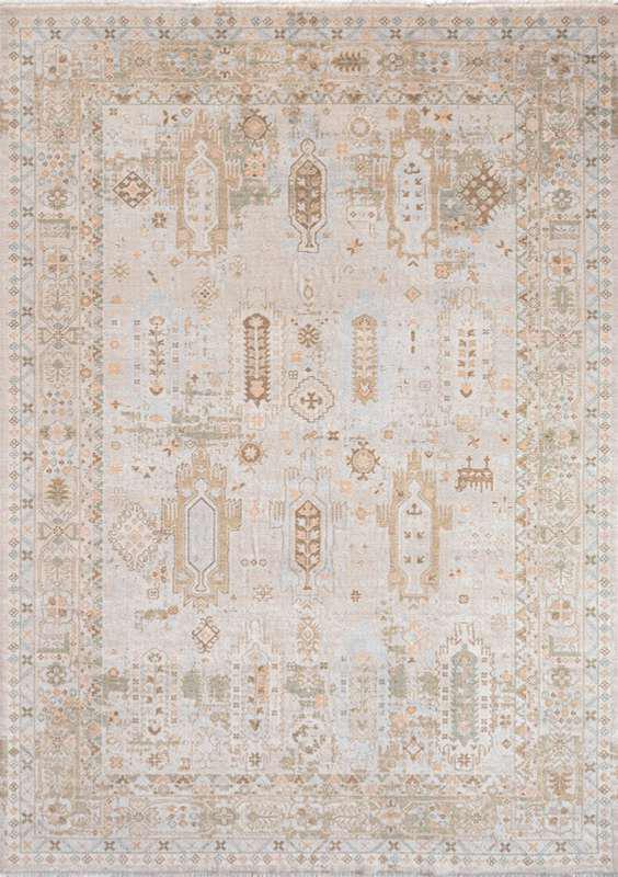 AISHA-5804 handcrafted wool rug in ivory, sand, pale blue, soft brown with soft tribal styling