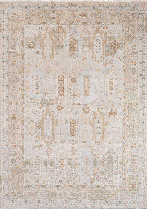 AISHA-5804 handcrafted wool rug in ivory, sand, pale blue, soft brown with soft tribal styling
