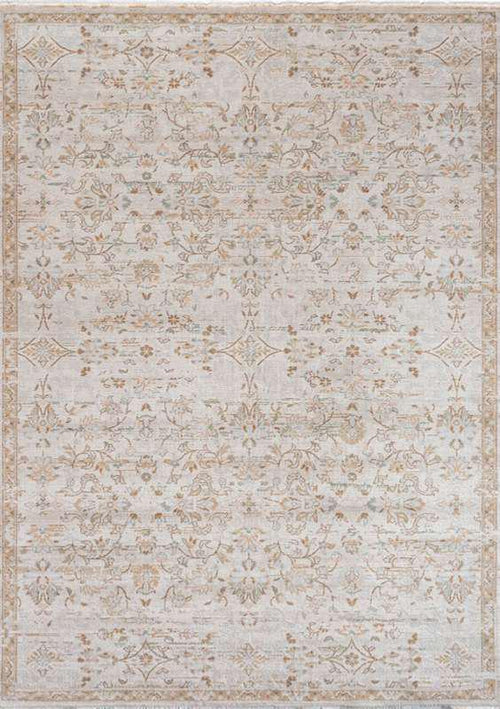 AISHA-5806 handcrafted wool rug in ivory, beige, pale blue, taupe with faded floral lattice styling