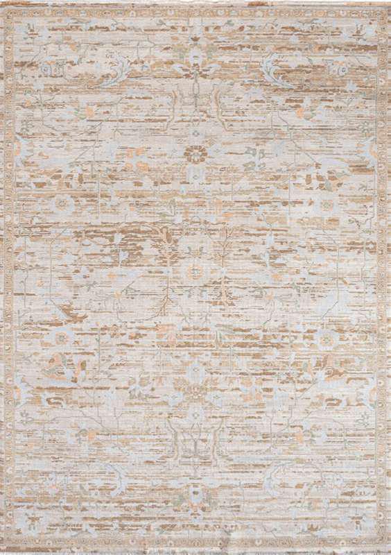 AISHA-5807 handcrafted wool rug in ivory, camel, pale blue with framed abstract styling