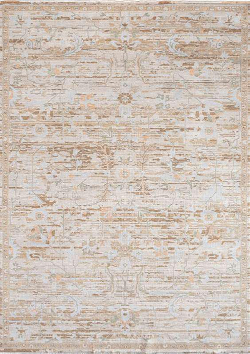 AISHA-5807 handcrafted wool rug in ivory, camel, pale blue with framed abstract styling
