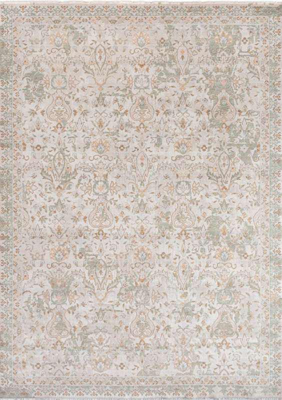 AISHA-5808 handcrafted wool rug in ivory, sage, pale blue, blush with delicate arabesque styling