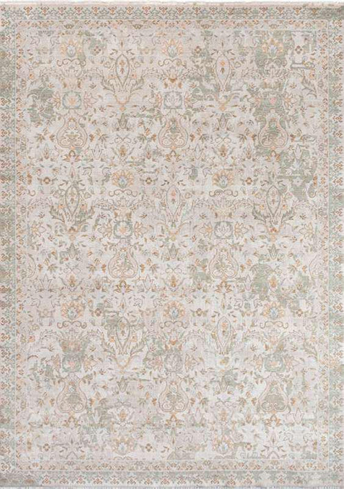 AISHA-5808 handcrafted wool rug in ivory, sage, pale blue, blush with delicate arabesque styling