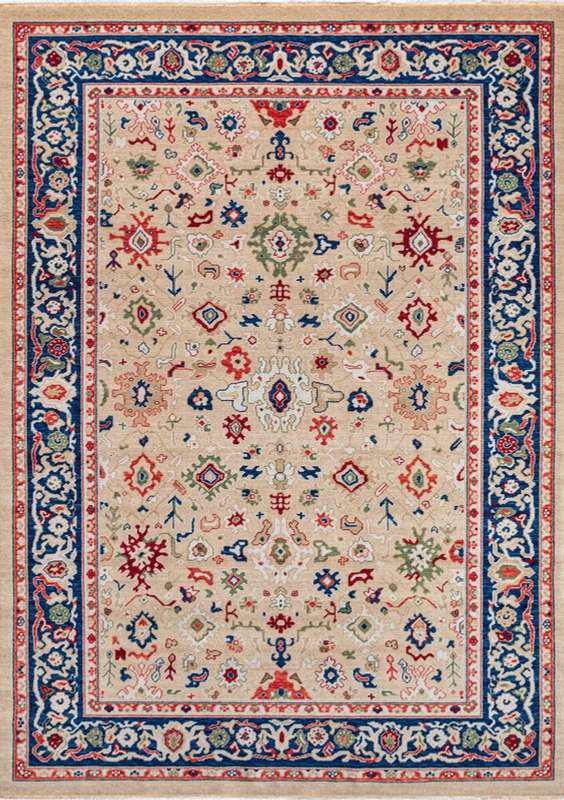 ANATOLIA-3801 handcrafted wool rug in ivory, navy, red, green with traditional oushak styling