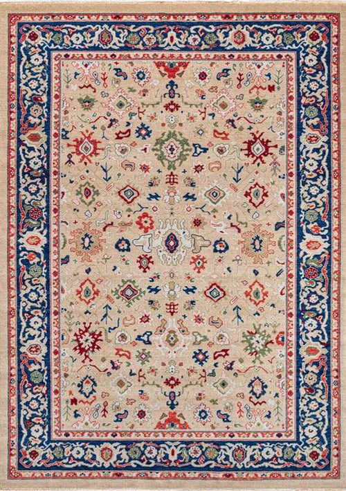 ANATOLIA-3801 handcrafted wool rug in ivory, navy, red, green with traditional oushak styling