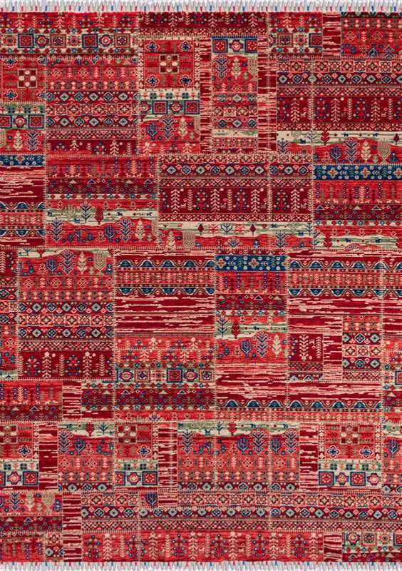 ANATOLIA-3802 handcrafted wool rug in red, burgundy, navy, cream with tribal patchwork styling