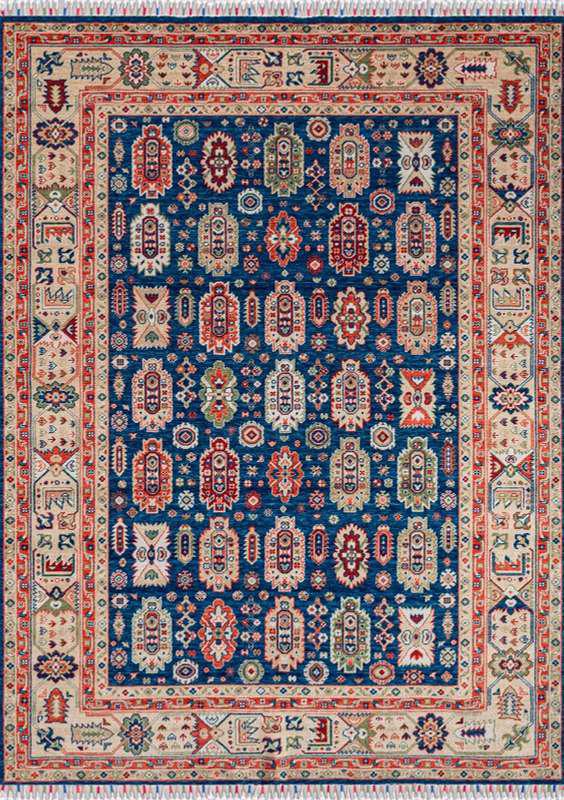 ANATOLIA-3803 handcrafted wool rug in navy, ivory, red, green with navy tribal styling