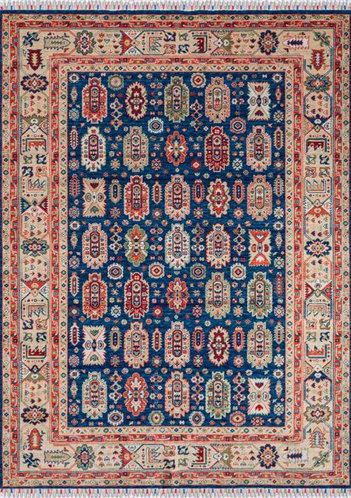 ANATOLIA-3803 handcrafted wool rug in navy, ivory, red, green with navy tribal styling