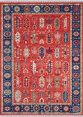 ANATOLIA-3804 handcrafted wool rug in red, navy, ivory, green with red tribal styling