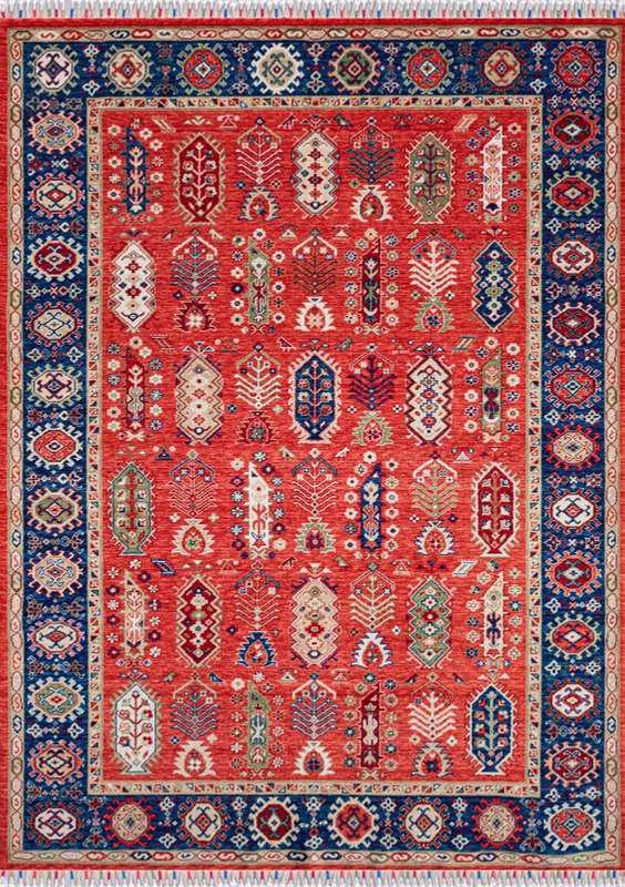 ANATOLIA-3804 handcrafted wool rug in red, navy, ivory, green with red tribal styling