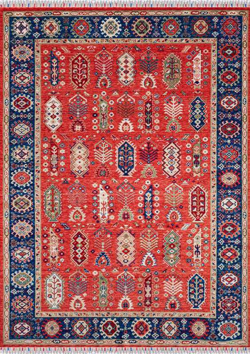 ANATOLIA-3804 handcrafted wool rug in red, navy, ivory, green with red tribal styling