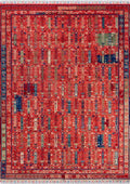 ANATOLIA-3805 handcrafted wool rug in red, navy, green, cream with nomadic grid styling