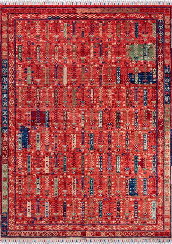 ANATOLIA-3805 handcrafted wool rug in red, navy, green, cream with nomadic grid styling