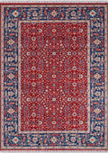 ANATOLIA-3806 handcrafted wool rug in red, navy, ivory, pale blue with classic floral border styling