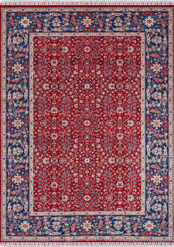 ANATOLIA-3806 handcrafted wool rug in red, navy, ivory, pale blue with classic floral border styling
