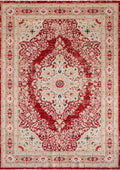 ANATOLIA-3807 handcrafted wool rug in red, ivory, pale blue, beige with distressed medallion styling