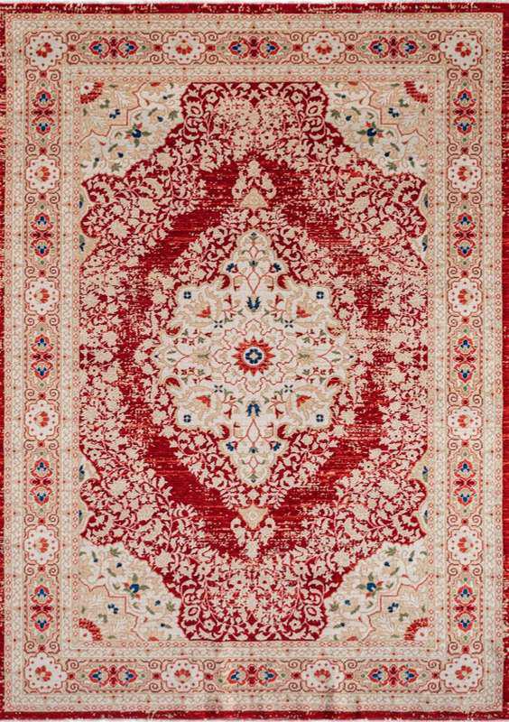 ANATOLIA-3807 handcrafted wool rug in red, ivory, pale blue, beige with distressed medallion styling