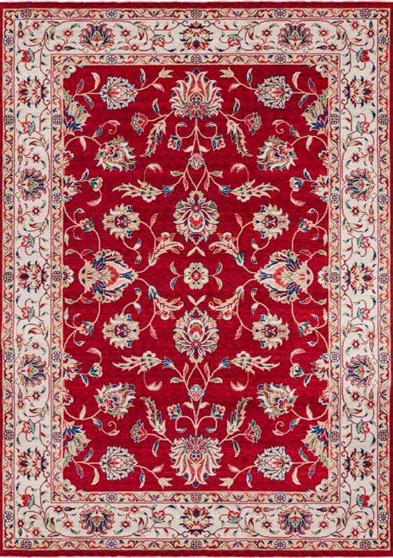 ANATOLIA-3808 handcrafted wool rug in red, ivory, blue, green with red floral vine styling