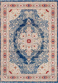 ANATOLIA-3810 handcrafted wool rug in navy, ivory, red, pale blue with blue distressed medallion styling