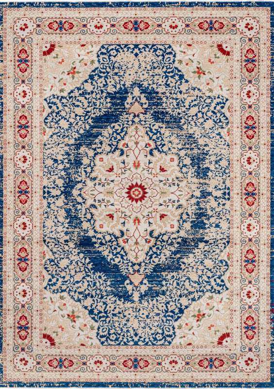ANATOLIA-3810 handcrafted wool rug in navy, ivory, red, pale blue with blue distressed medallion styling