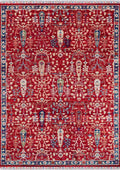 ANATOLIA-3811 handcrafted wool rug in red, ivory, blue, green with garden pattern styling