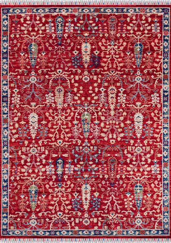 ANATOLIA-3811 handcrafted wool rug in red, ivory, blue, green with garden pattern styling