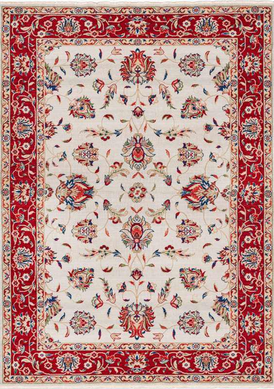 ANATOLIA-8030 handcrafted wool rug in ivory, red, blue, green with ivory floral styling
