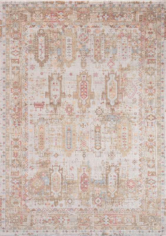 ANCIENT-7802 handcrafted wool rug in ivory, blush, pale blue, ochre with soft tribal styling