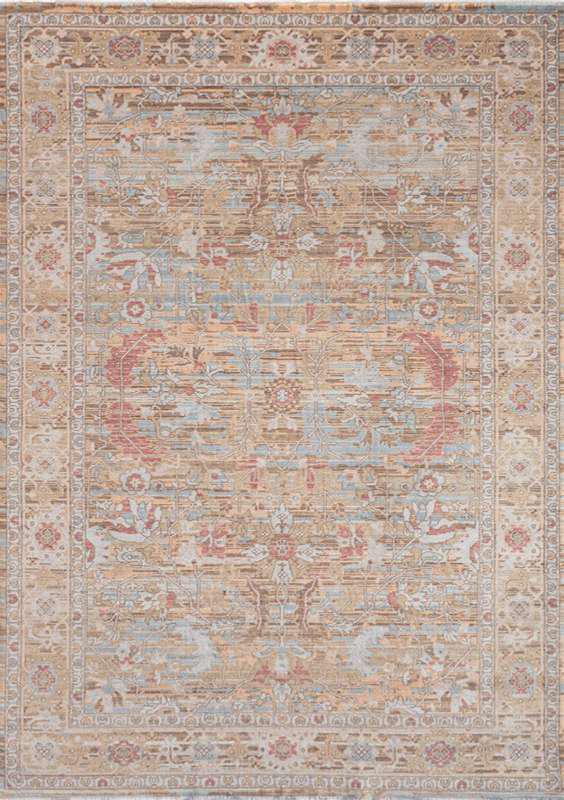 ANCIENT-7803 handcrafted wool rug in sand, pale blue, rose, beige with aged floral styling