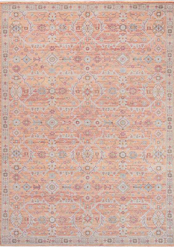ANCIENT-7804 handcrafted wool rug in peach, coral, pale blue, ivory with pastel oushak styling