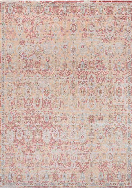 ANCIENT-7805 handcrafted wool rug in ivory, dusty rose, apricot, pale blue with faded ornamental styling