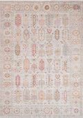 ANCIENT-7806 handcrafted wool rug in ivory, peach, blush, muted blue with tribal motif grid styling