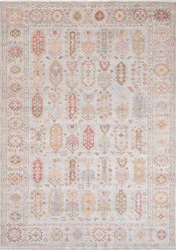 ANCIENT-7806 handcrafted wool rug in ivory, peach, blush, muted blue with tribal motif grid styling