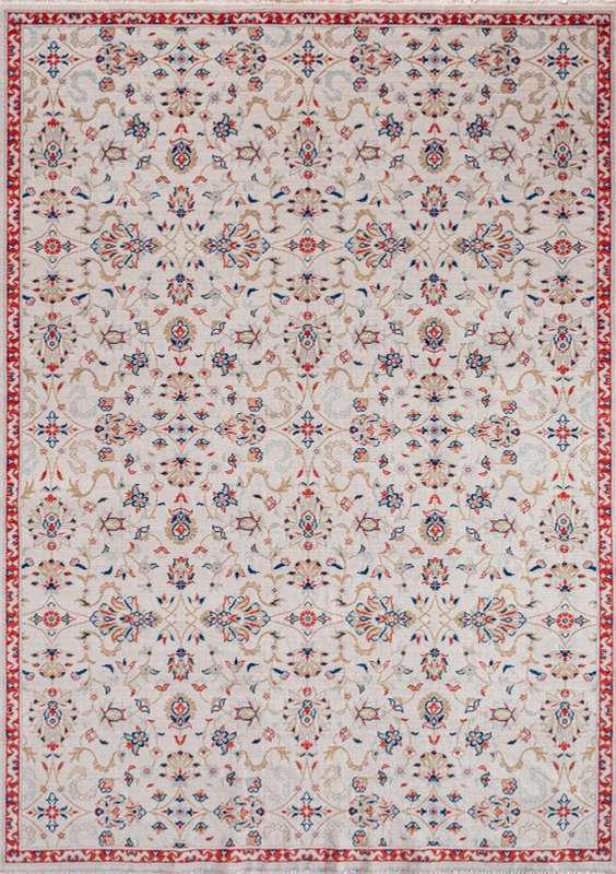 CAPPADOCIA-4203 handcrafted wool rug in ivory, red, blue, beige with ivory floral repeat styling