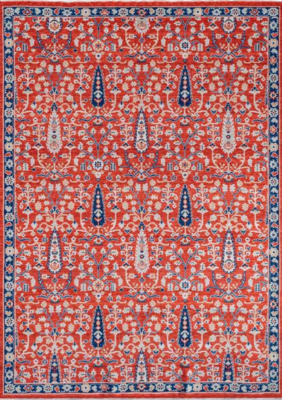 CAPPADOCIA-4204 handcrafted wool rug in red, navy, ivory, pale blue with cypress repeat styling