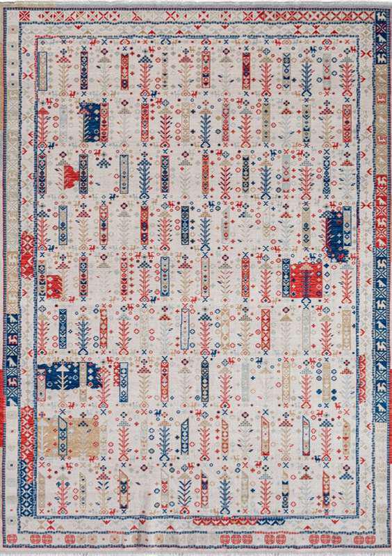 CAPPADOCIA-4205 handcrafted wool rug in ivory, red, navy, beige with light tribal grid styling