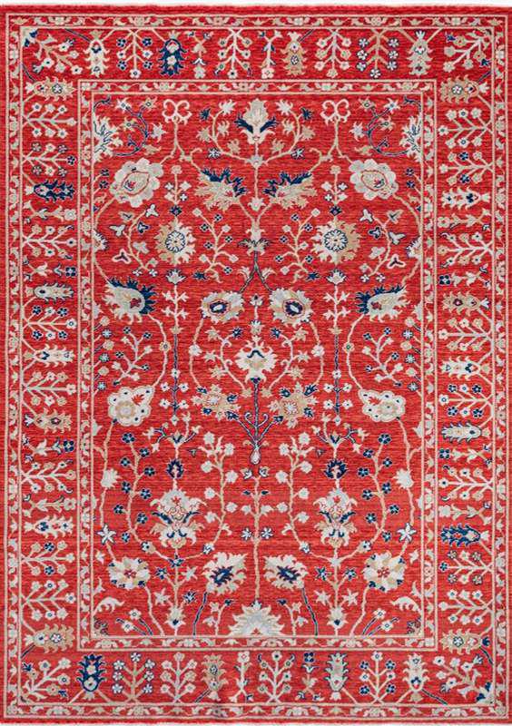 CAPPADOCIA-4206 handcrafted wool rug in red, ivory, navy, pale blue with floral tree lattice styling