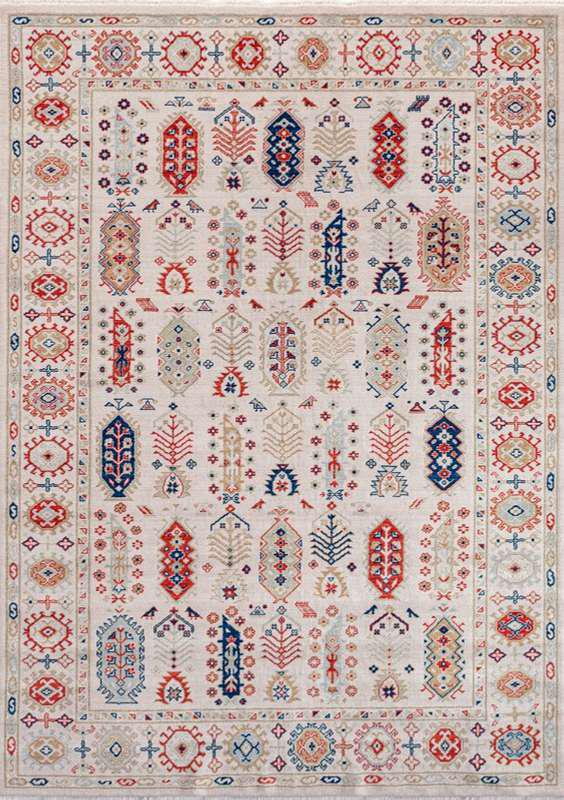 CAPPADOCIA-4207 handcrafted wool rug in ivory, red, navy, peach with ivory tribal shields styling
