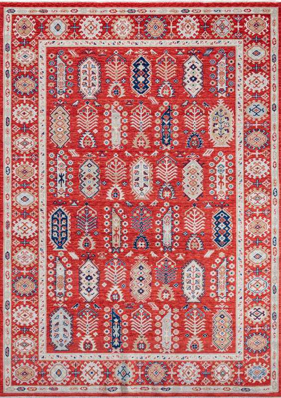 CAPPADOCIA-4208 handcrafted wool rug in red, ivory, navy, beige with red tribal shields styling