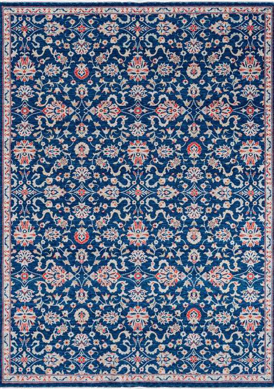 CAPPADOCIA-4210 handcrafted wool rug in navy, ivory, red, pale blue with navy arabesque styling