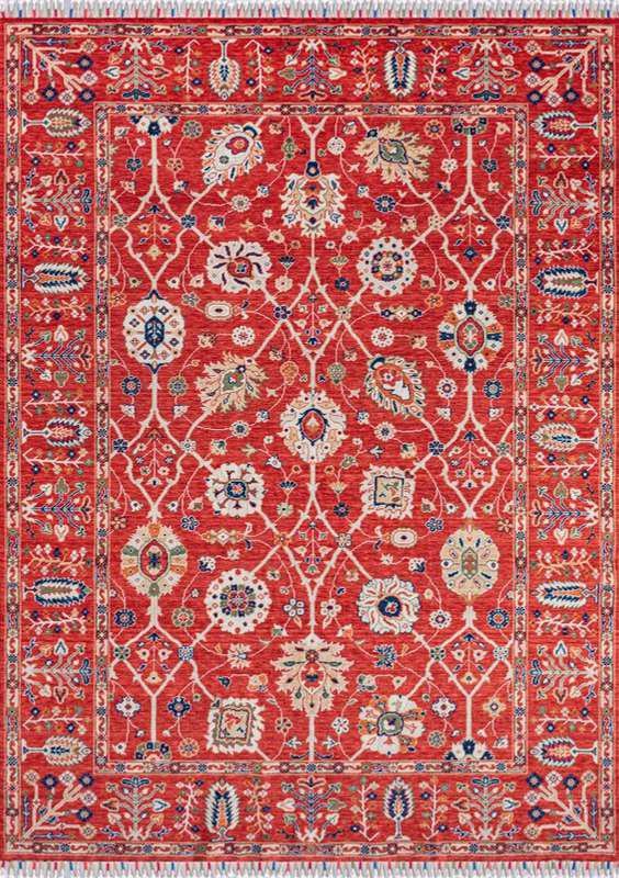 CAPPADOCIA-4215 handcrafted wool rug in red, ivory, navy, green with botanical lattice styling