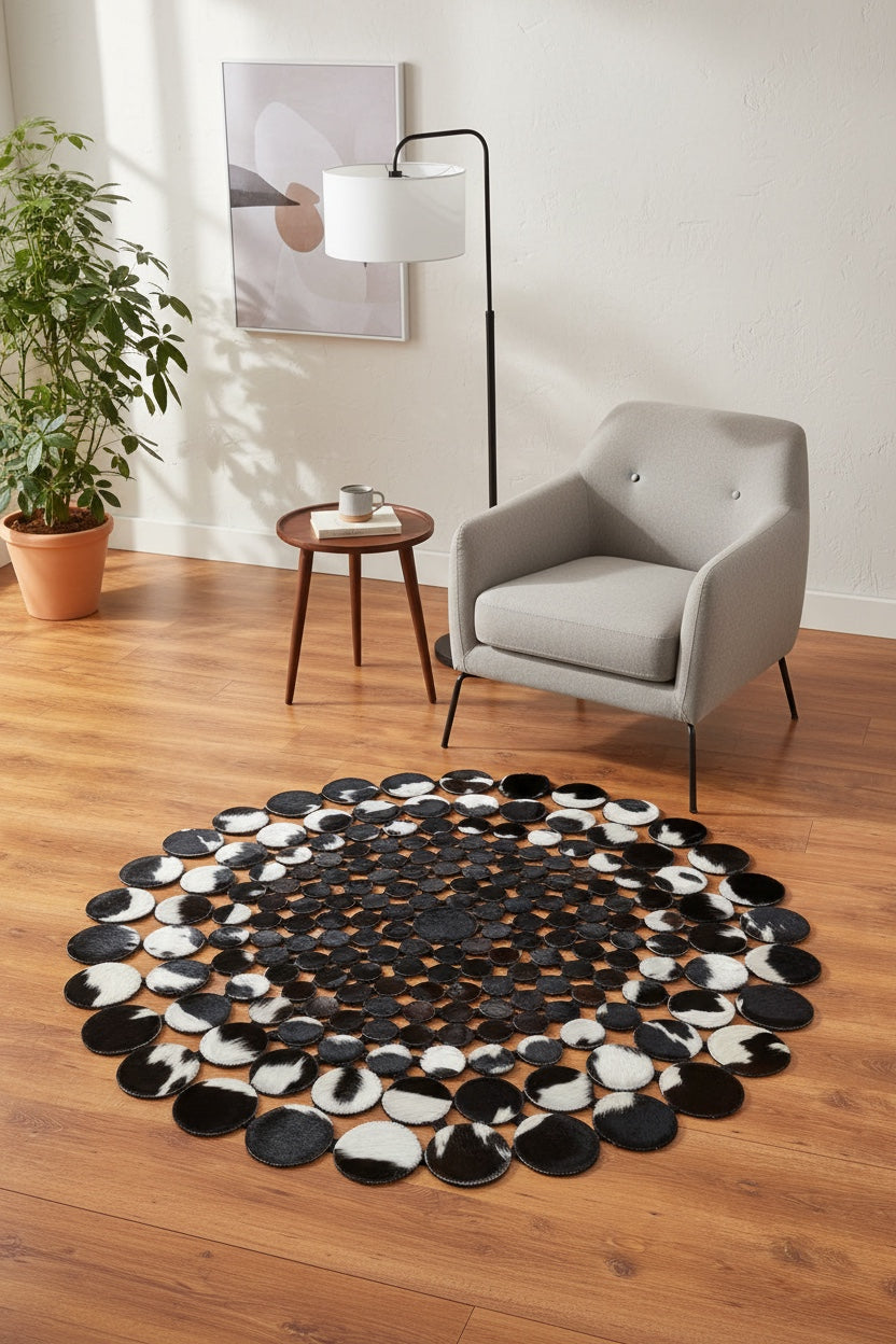 Polka Dot Round Original Leather Rug by Camel Carpet