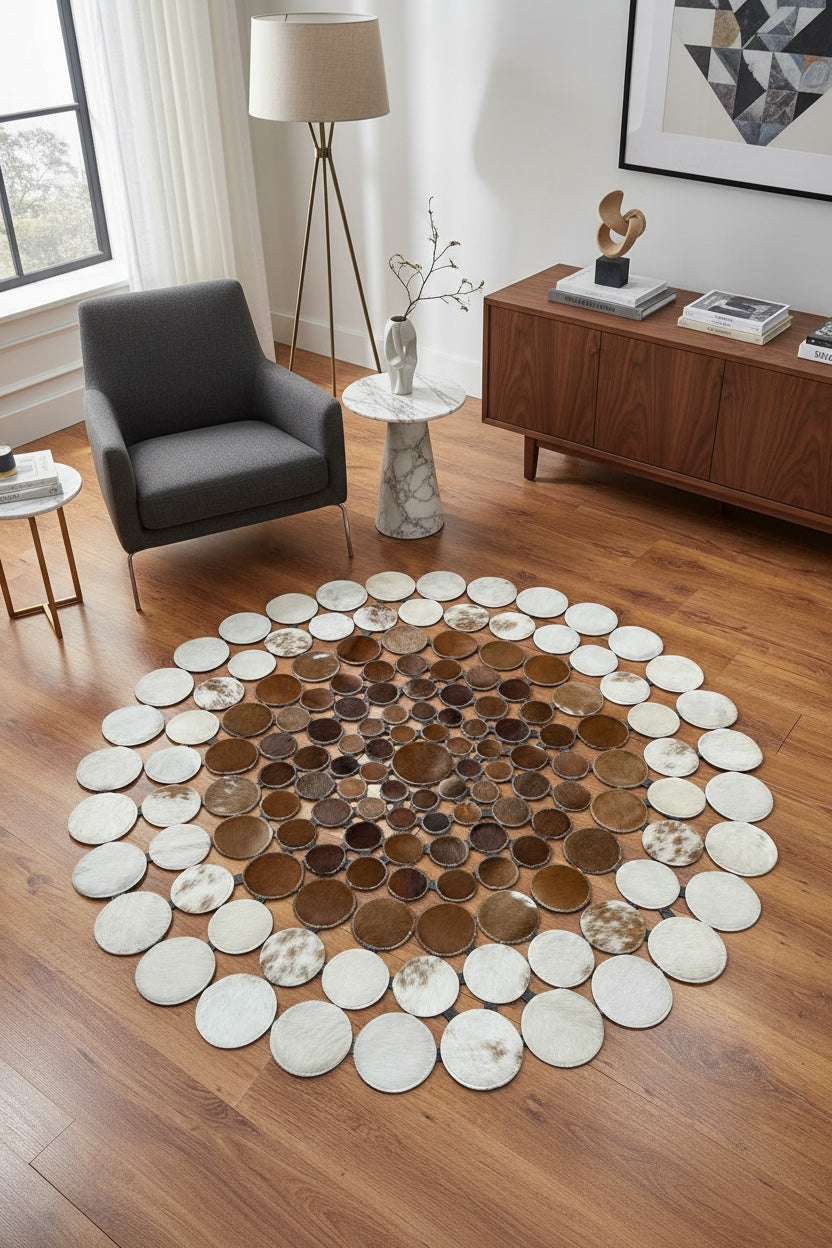 Polka Dot Round Original Leather Rug by Camel Carpet