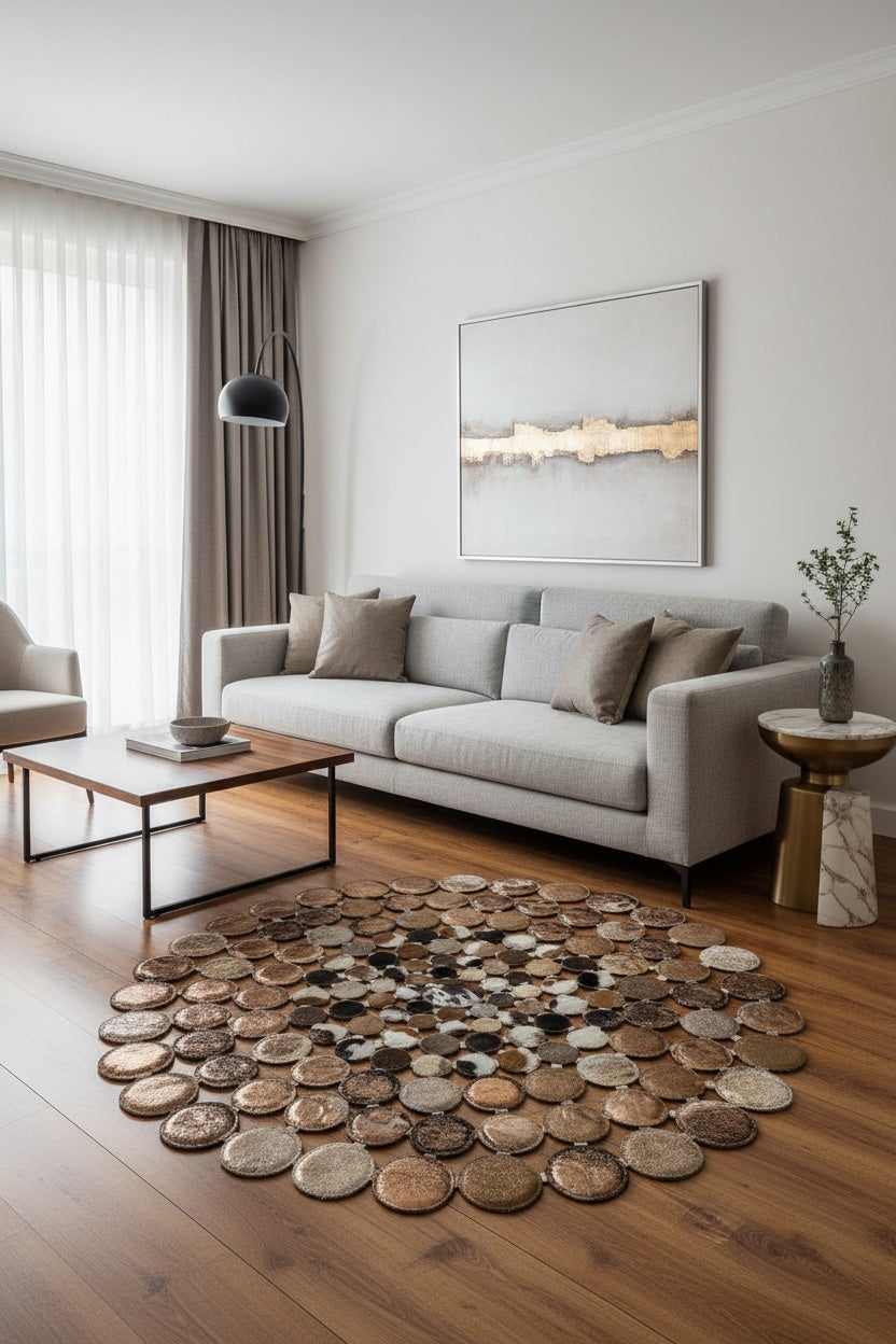 Polka Dot Round Original Leather Rug by Camel Carpet