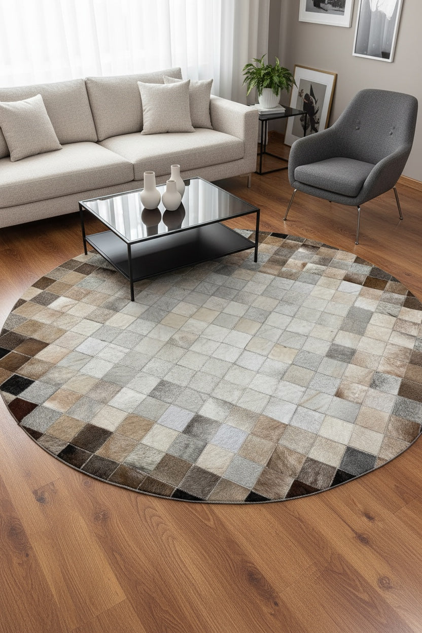 Patchwork Round Original Leather Rug by Camel Carpet
