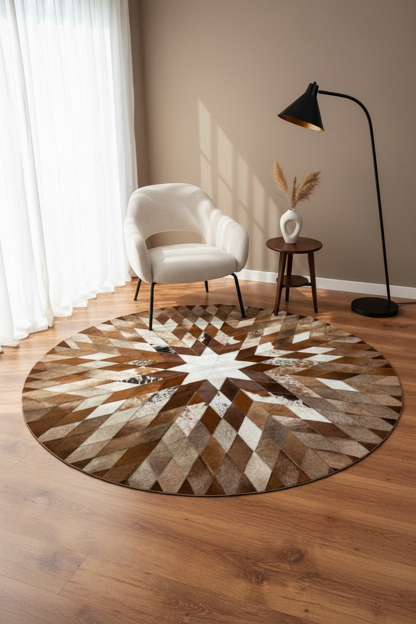Patchwork Round Original Leather Rug by Camel Carpet