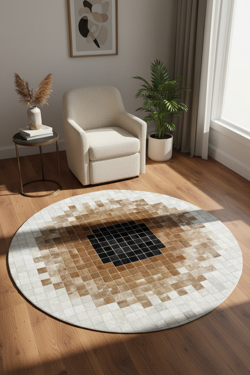 Patchwork Round Original Leather Rug by Camel Carpet