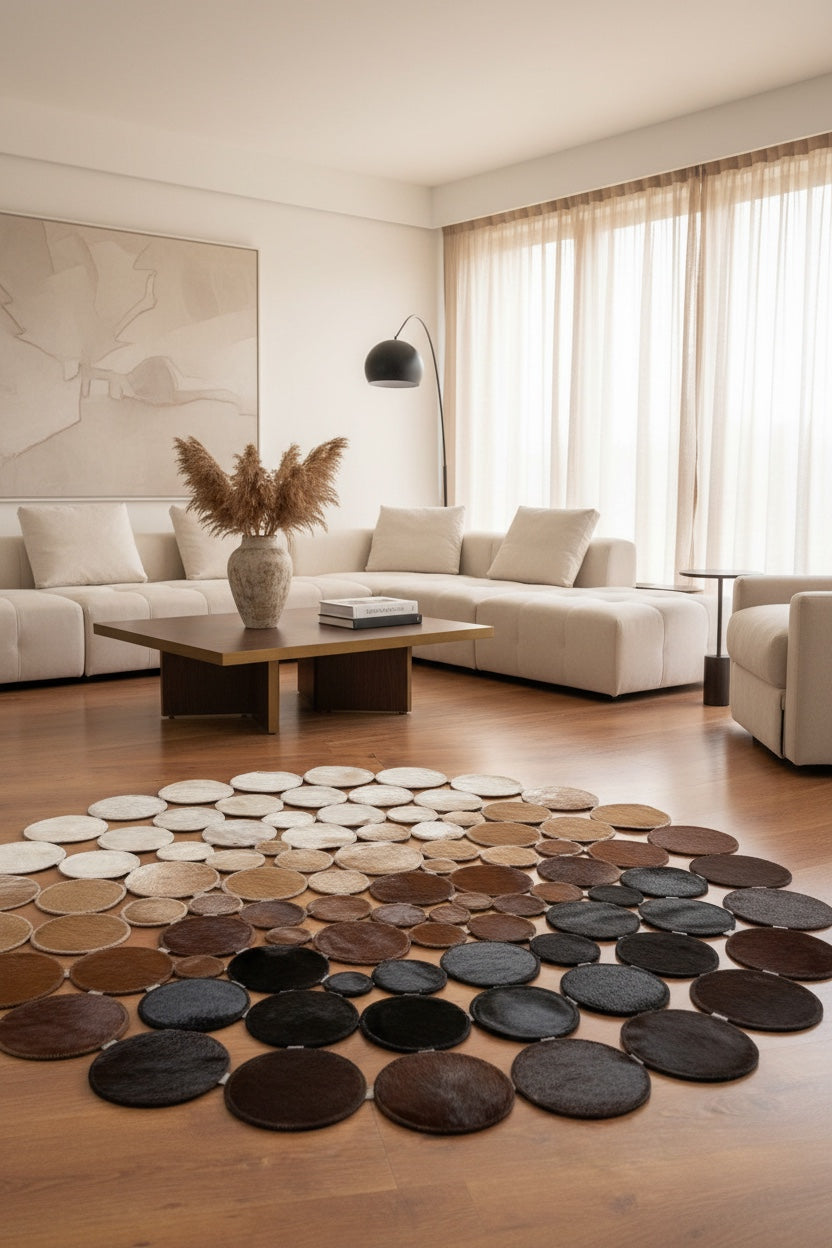 Polka Dot Round Original Leather Rug by Camel Carpet